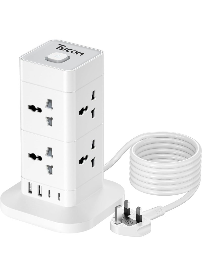 TYCOM Power Cord Strip Surge Protector with USB  2 Type C Extension Cord Flat Plug with 8 AC Outlet and 2 USB 2 Type C Small Desktop Station Compact Socket 2 Tiers Grey and White. - Image 1
